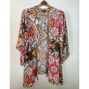 Bobi Black retro floral kimono top festival beach cover up